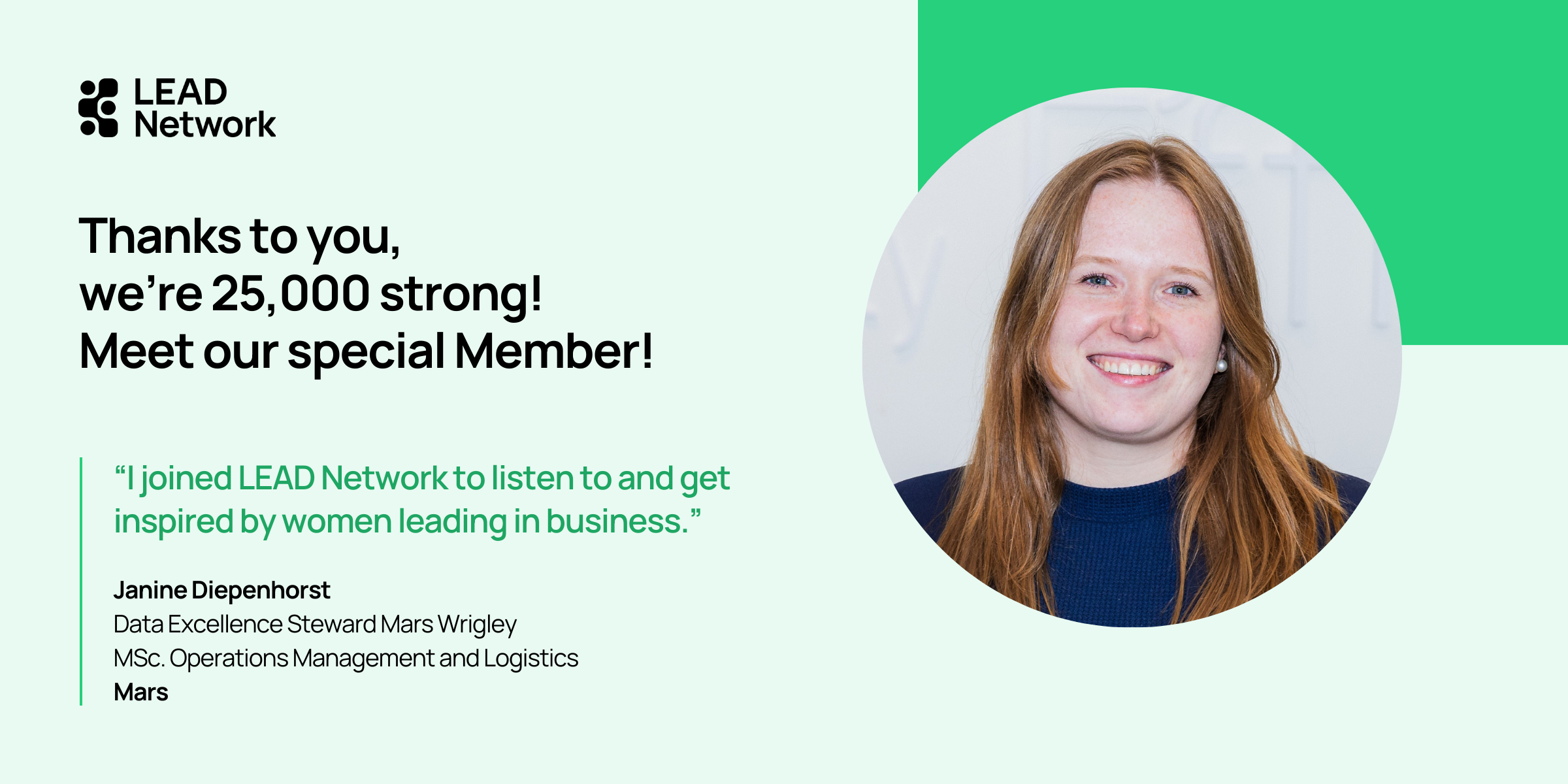 graphic announcing our 25,000th member showing a person smiling long auburn hair